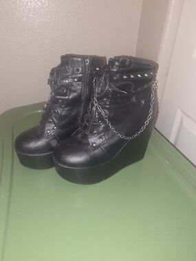 Demonia Black Studded Platform Wedge Ankle Boots with Chain Accent